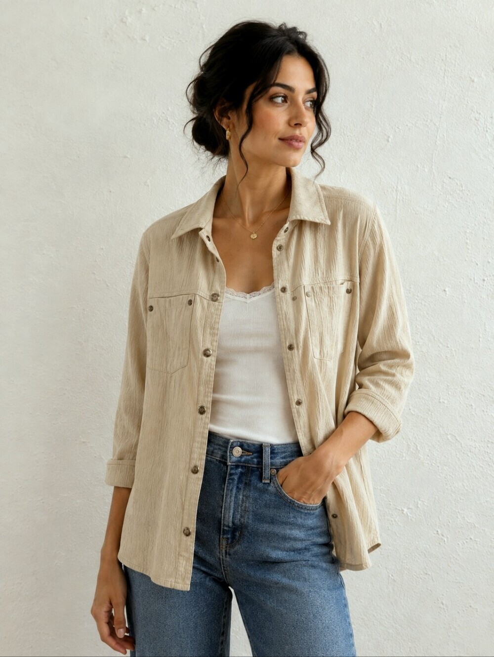 Women Vintage Country Lightweight Button-Up Shirt Jacket in Beige
